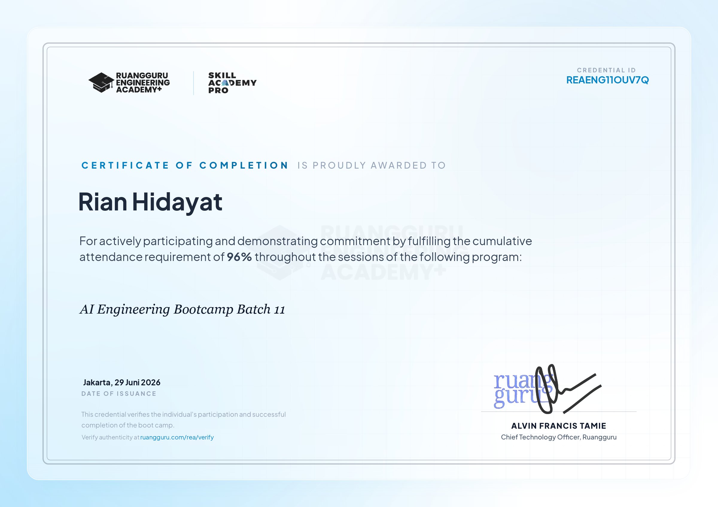 Certificate of Completion — AI Engineering Bootcamp — Batch 11