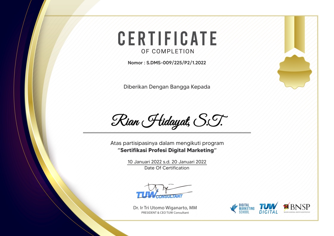 Certificate of Completion — Professional Certification — Digital Marketing