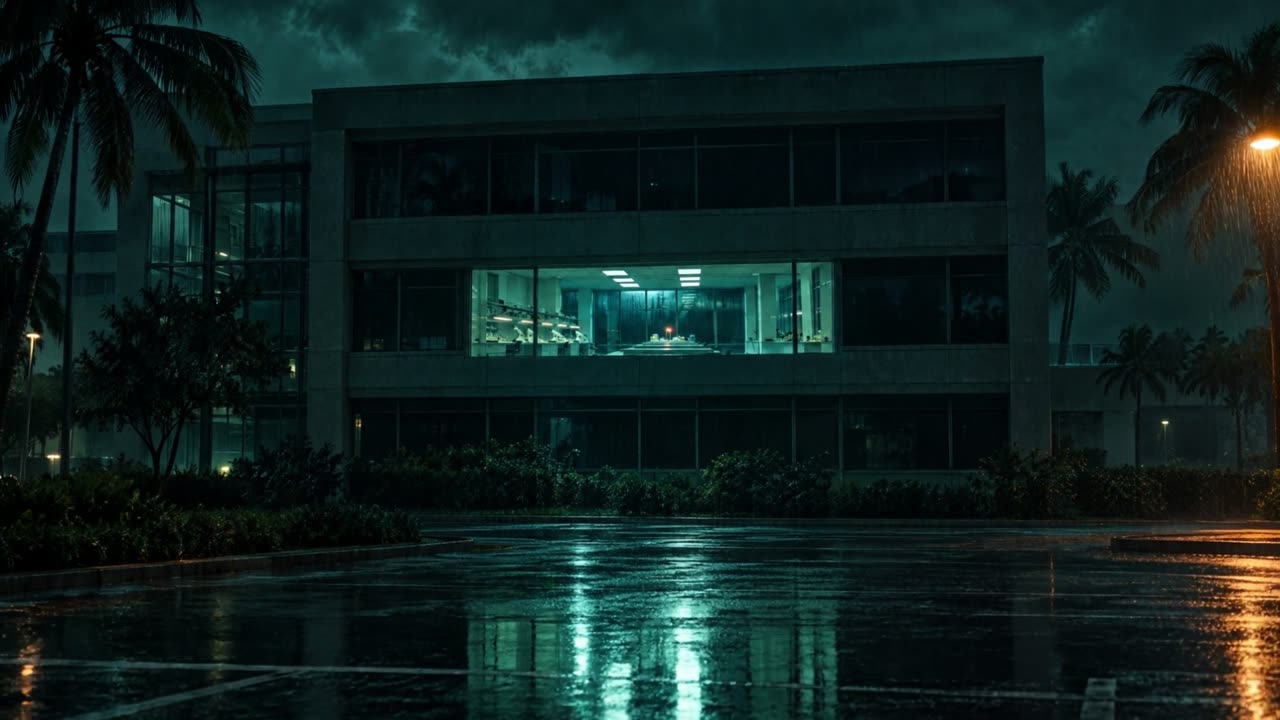Gedung laboratorium di malam hujan